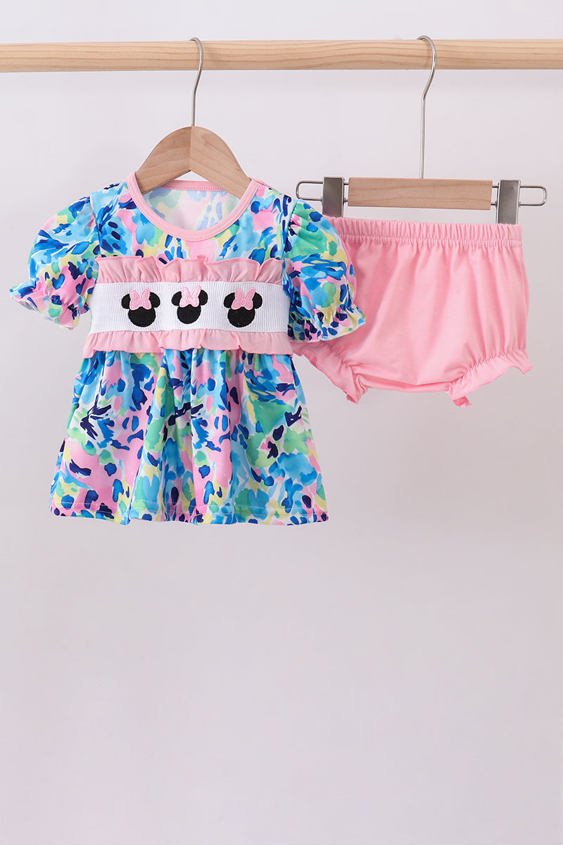 Pink character smocked ruffle bloomer set - ARIA KIDS