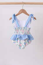 Blue floral smocked gingham one-piece swimsuit
