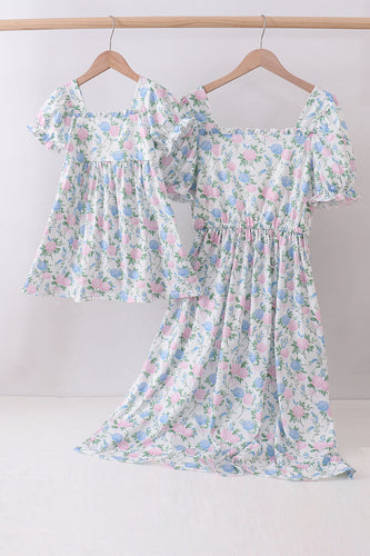 Blue floral print ruffle mom&me dress