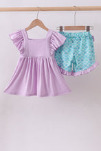 Purple mermaid embroidery ruffle shorts set