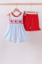 Red flag smocked stripe ruffle shorts set - ARIA KIDS