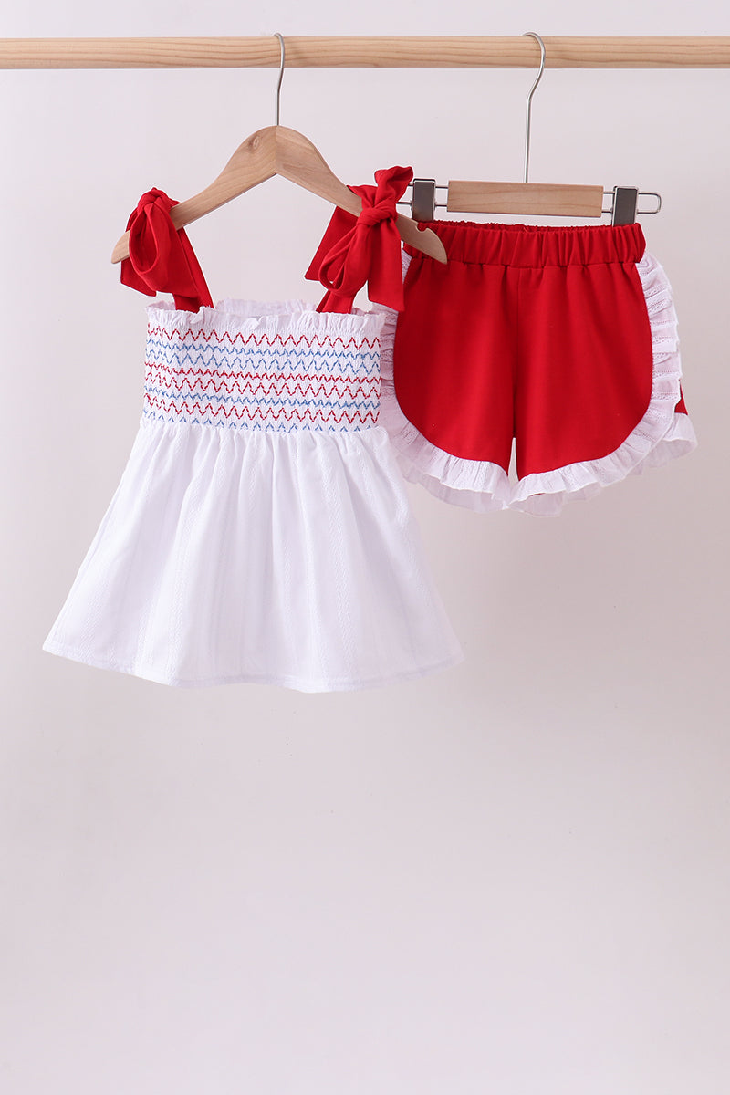White smocked jacquard ruffle shorts set - ARIA KIDS