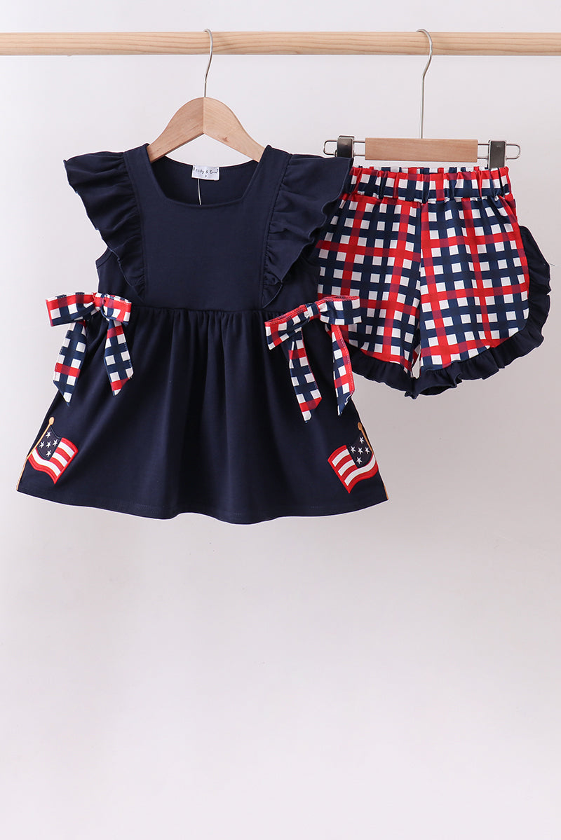 Navy flag applique gingham ruffle shorts set - ARIA KIDS