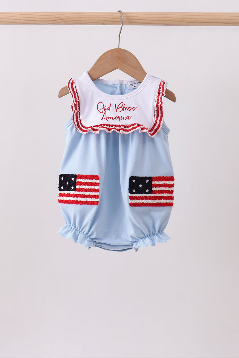 Blue god bless America flag french knot ruffle bubble - ARIA KIDS
