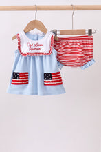 Blue god bless America flag french knot ruffle bloomer set - ARIA KIDS