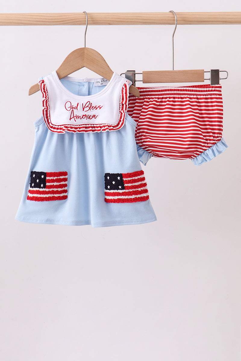 Blue god bless America flag french knot ruffle bloomer set - ARIA KIDS