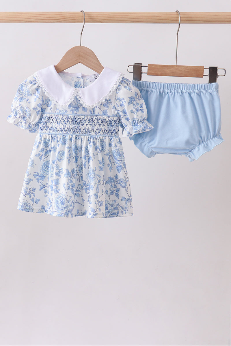 Blue rose smocked bloomer set - ARIA KIDS