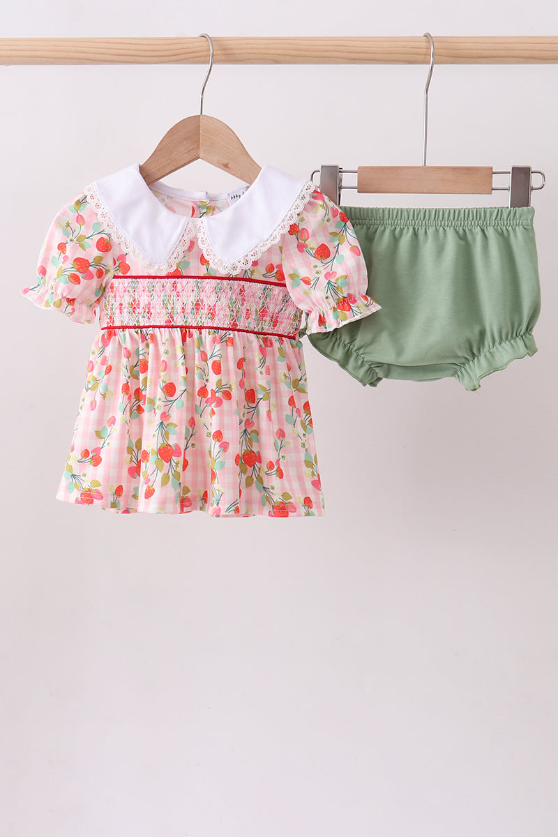 Pink strawberry smocked bloomer set - ARIA KIDS