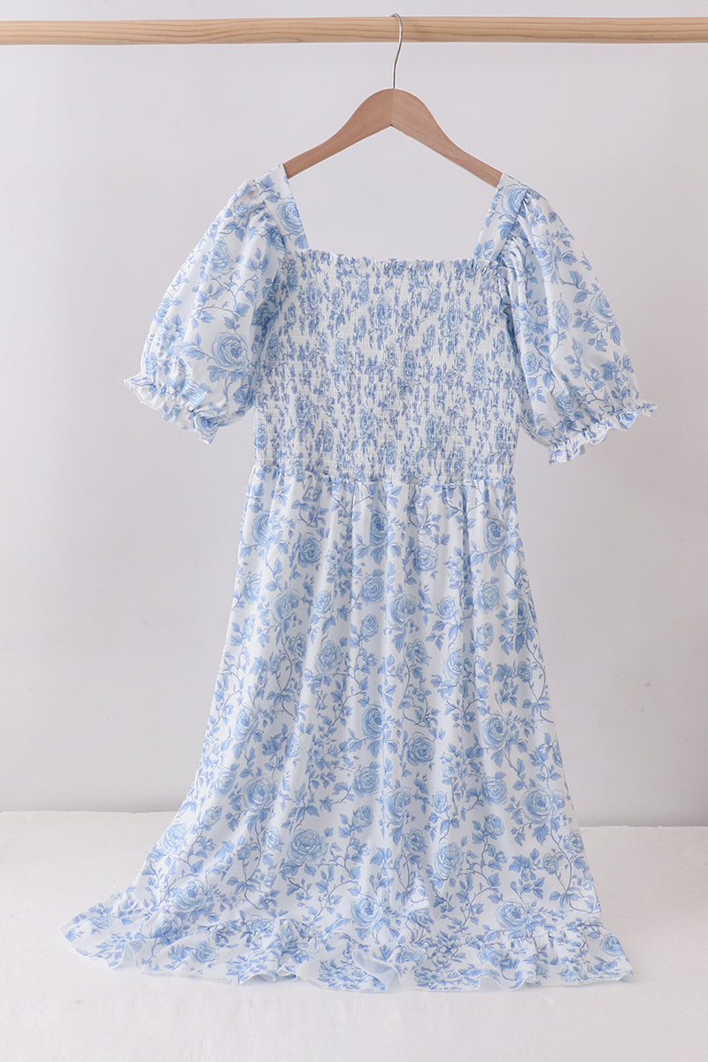 Blue rose smocked ruffle dress (length 41.33in) - ARIA KIDS