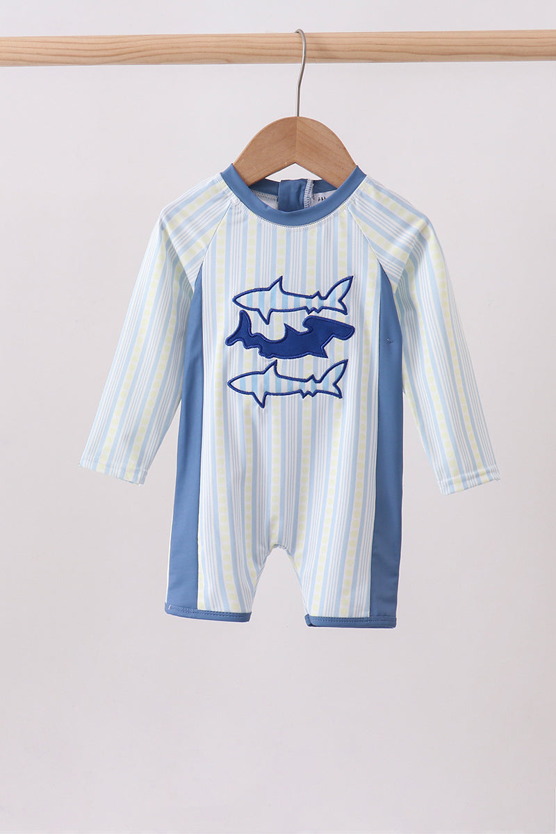 Blue shark applique stripe swimsuit - ARIA KIDS