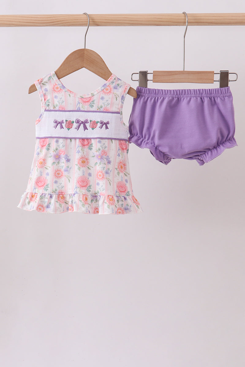 Purple rose bow smocked ruffle bloomer set - ARIA KIDS