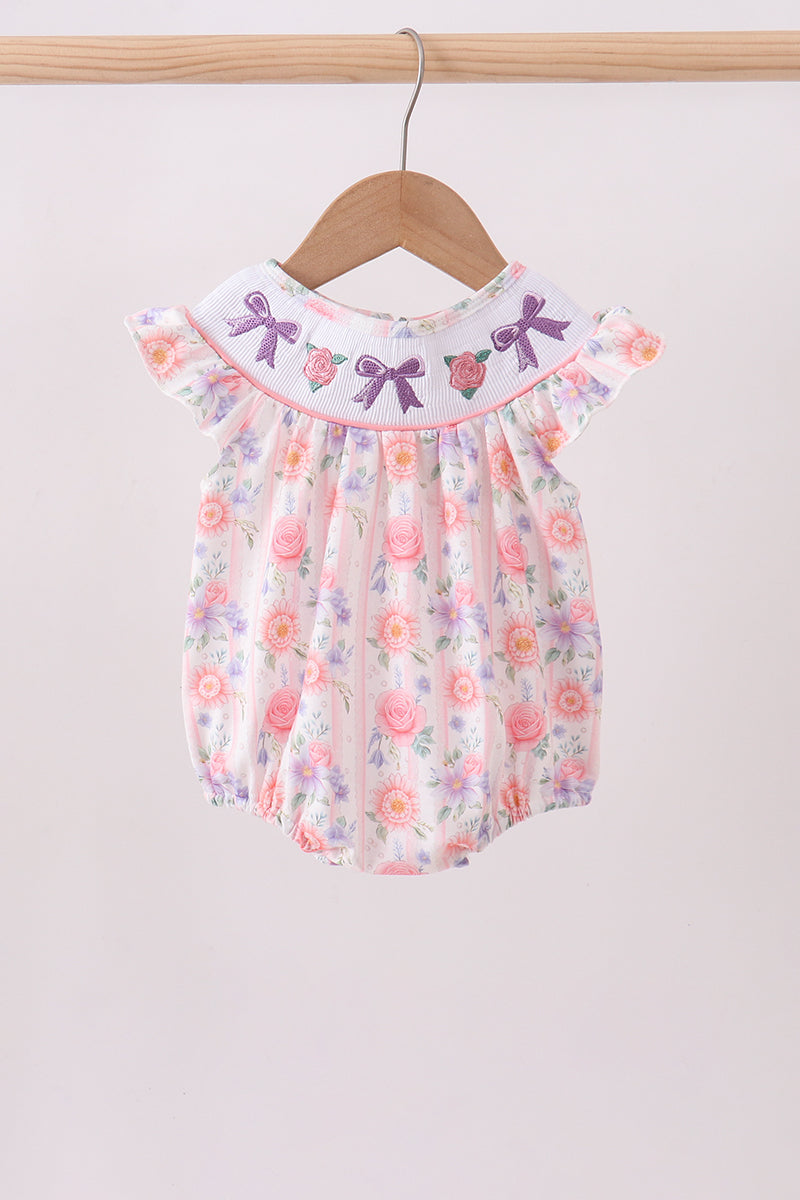 Purple rose bow smocked ruffle bubble - ARIA KIDS