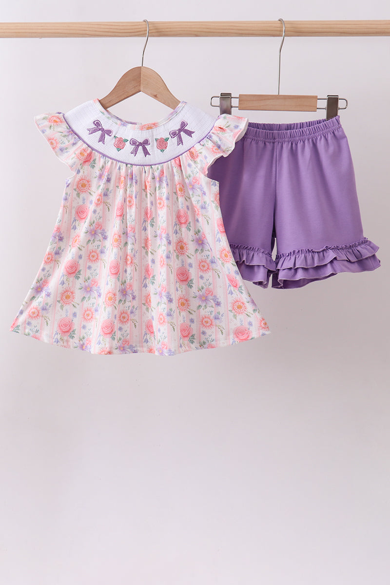 Purple rose bow smocked ruffle shorts set - ARIA KIDS