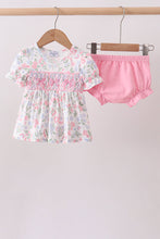 Pink floral bow smocked ruffle bloomer set - ARIA KIDS