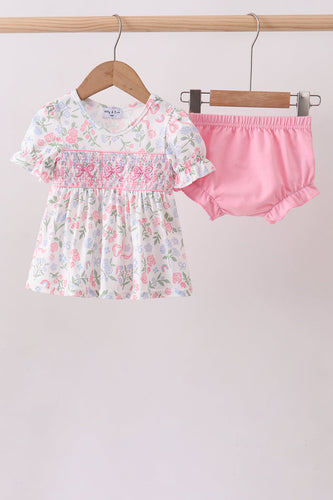 Pink floral bow smocked ruffle bloomer set - ARIA KIDS