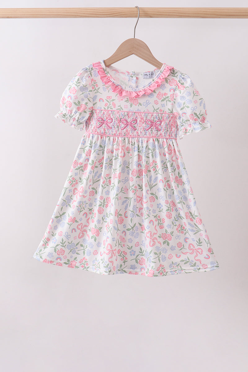 Pink floral bow smocked ruffle dress - ARIA KIDS
