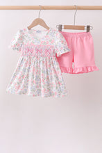 Pink floral bow smocked ruffle shorts set - ARIA KIDS