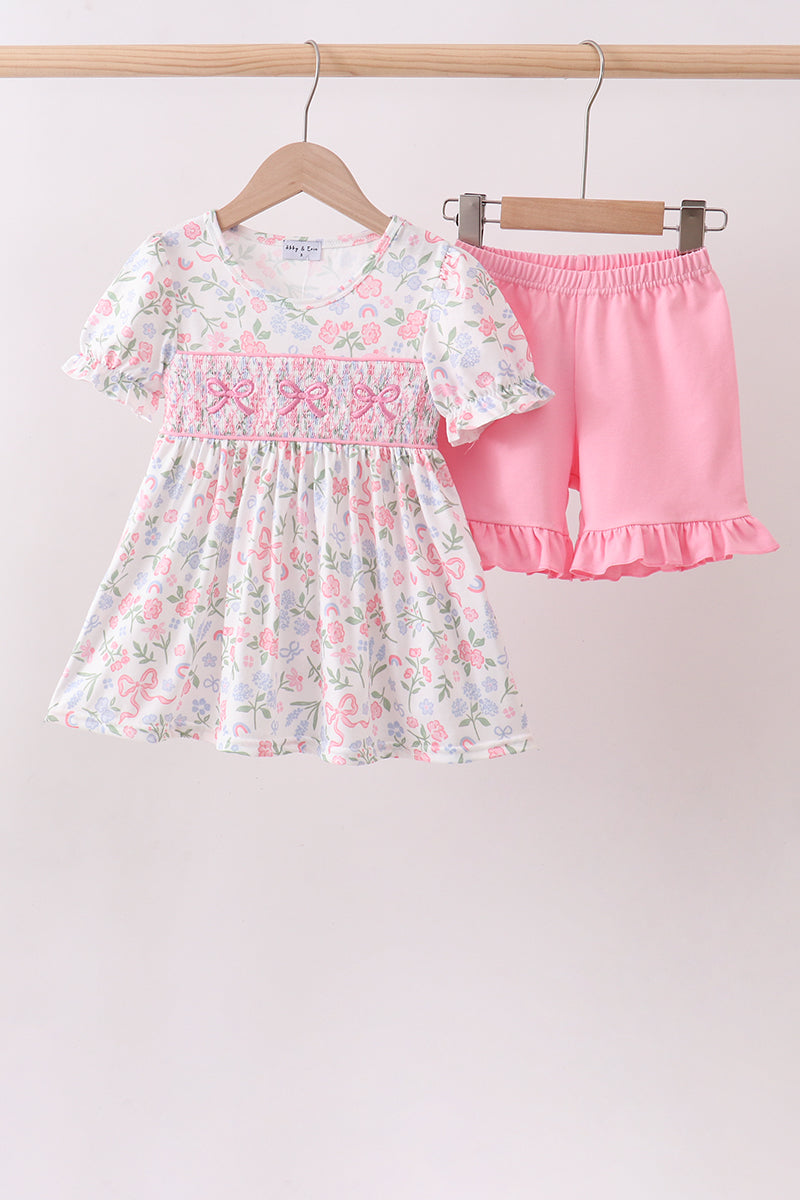 Pink floral bow smocked ruffle shorts set - ARIA KIDS