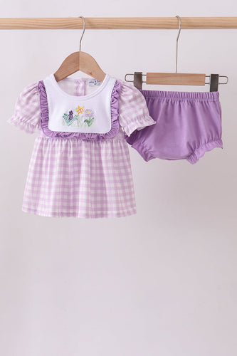 Purple floral embroidery gingham bloomer set - ARIA KIDS