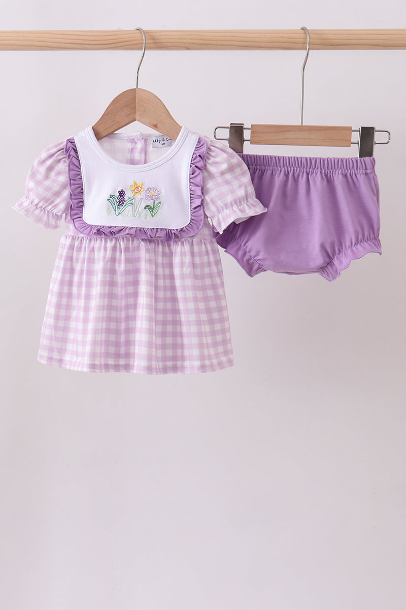 Purple floral embroidery gingham bloomer set - ARIA KIDS