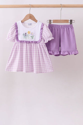 Purple floral embroidery gingham ruffle shorts set - ARIA KIDS