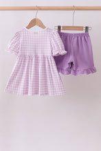 Purple floral embroidery gingham ruffle shorts set - ARIA KIDS