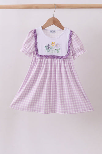 Purple floral embroidery gingham ruffle dress - ARIA KIDS