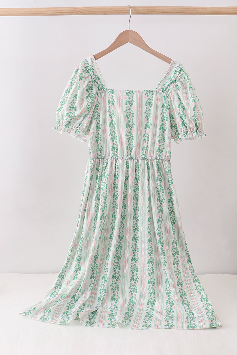 Green floral stripe dress (length 41.33in) - ARIA KIDS