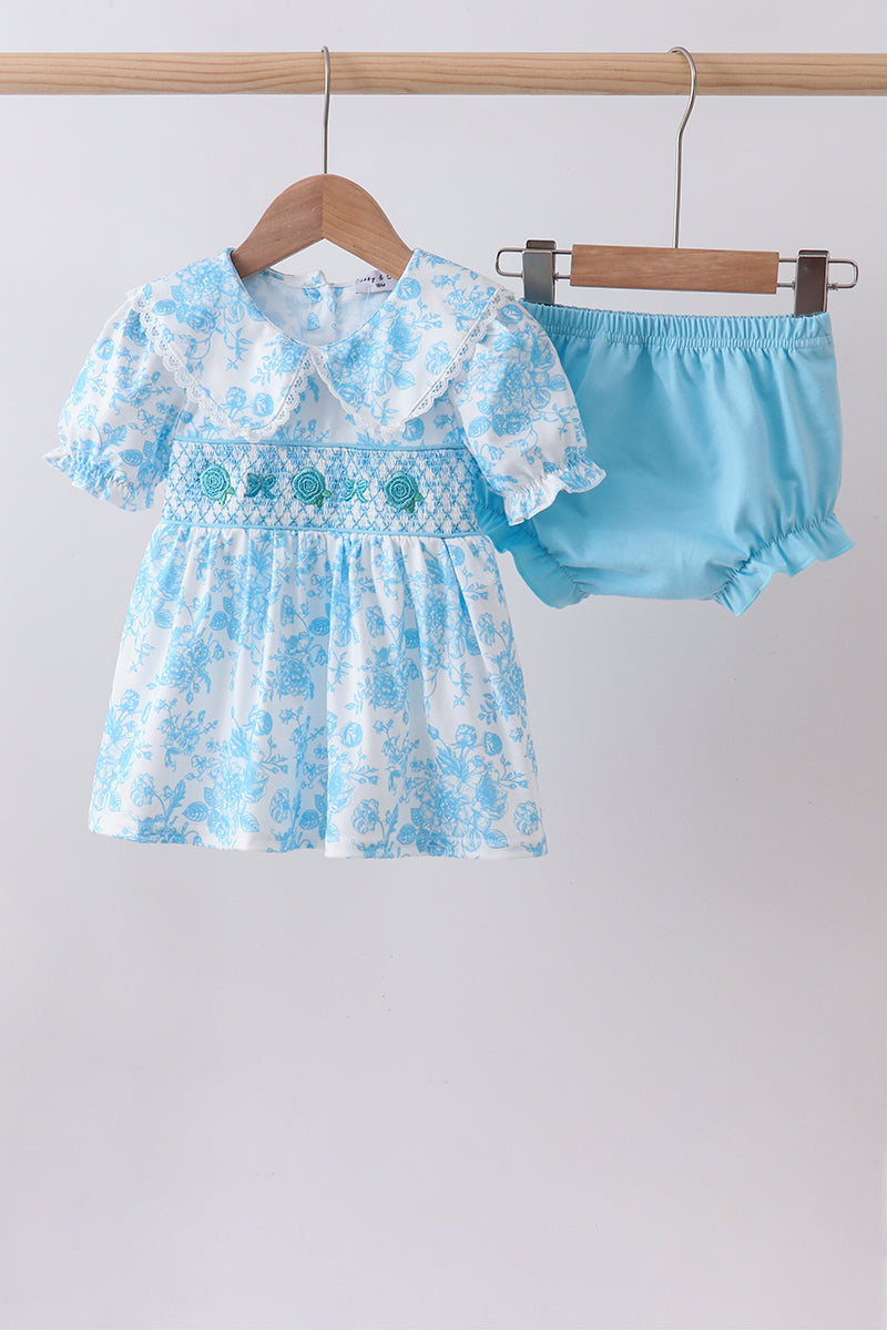 Blue rose smocked bloomer set - ARIA KIDS