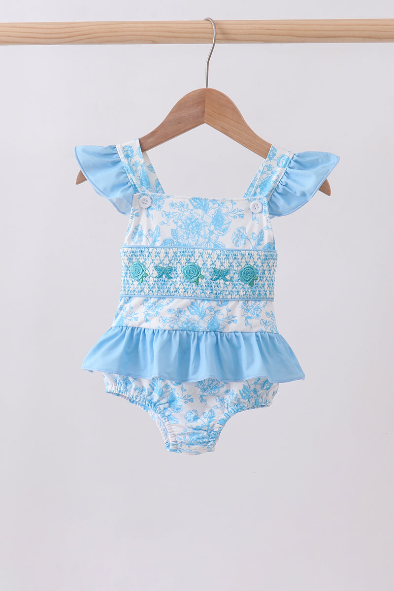 Blue rose smocked ruffle one-piece swimsuit - ARIA KIDS