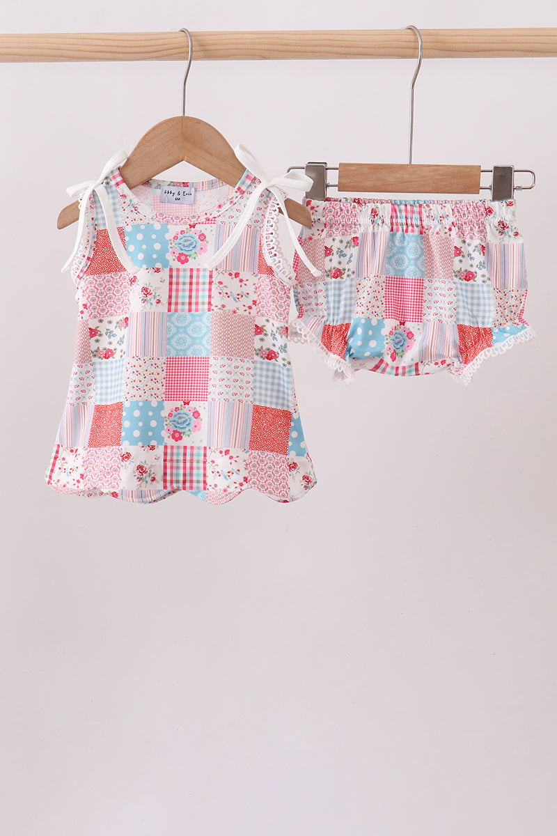 Pink floral patchwork scalloped bloomer set - ARIA KIDS