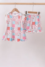 Pink floral patchwork scalloped ruffle shorts set - ARIA KIDS