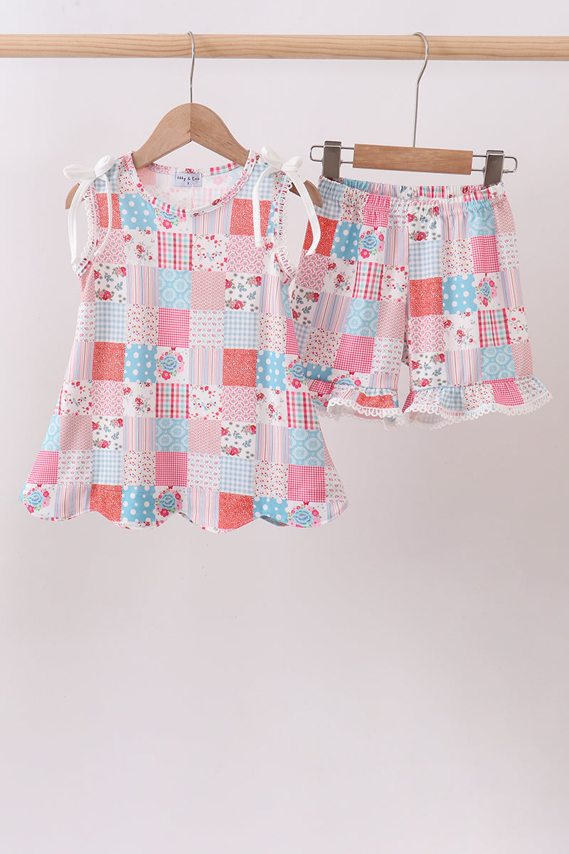 Pink floral patchwork scalloped ruffle shorts set - ARIA KIDS