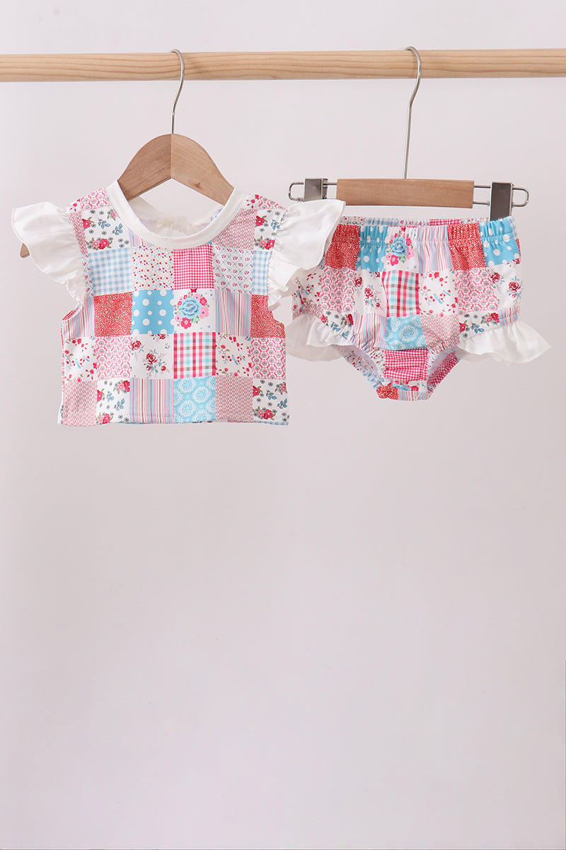 Pink floral patchwork ruffle 2pc swimsuit - ARIA KIDS