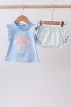 Blue character applique ruffle bloomer set