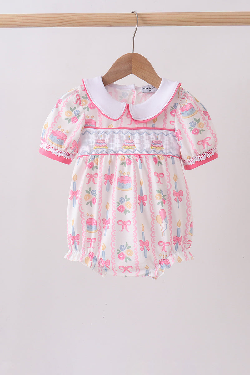 Pink birthday cake smocked bubble - ARIA KIDS