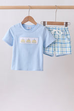 Blue birthday cake smocked plaid shorts set - ARIA KIDS