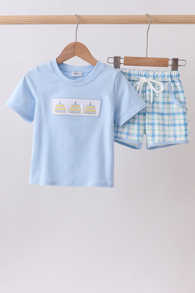 Blue birthday cake smocked plaid shorts set - ARIA KIDS