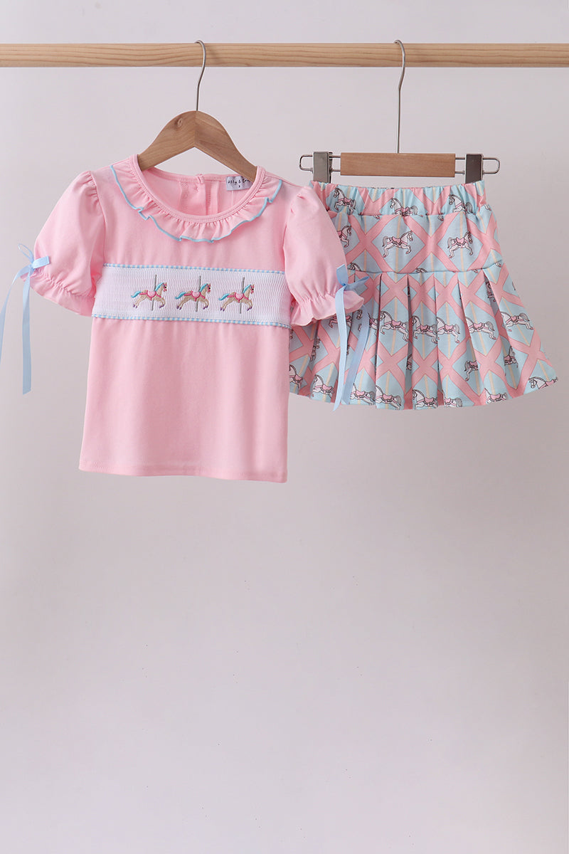 Pink carousel smocked ruffle skorts set - ARIA KIDS
