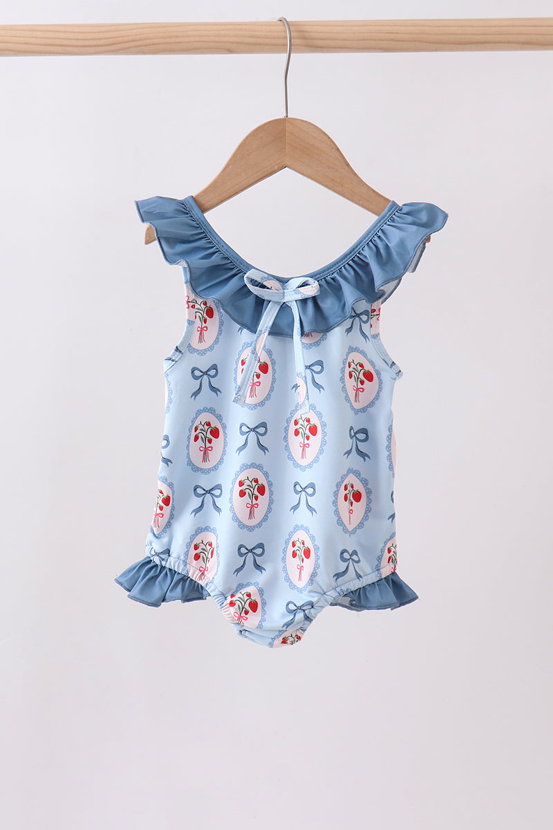 Blue strawberry bow ruffle one-piece swimsuit - ARIA KIDS