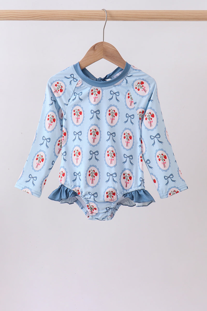 Blue strawberry bow ruffle rashguard - ARIA KIDS