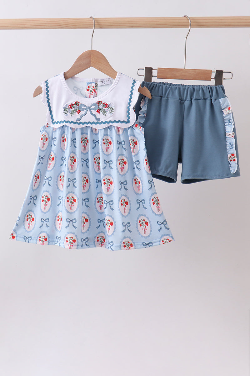 Blue strawberry bow ruffle shorts set - ARIA KIDS