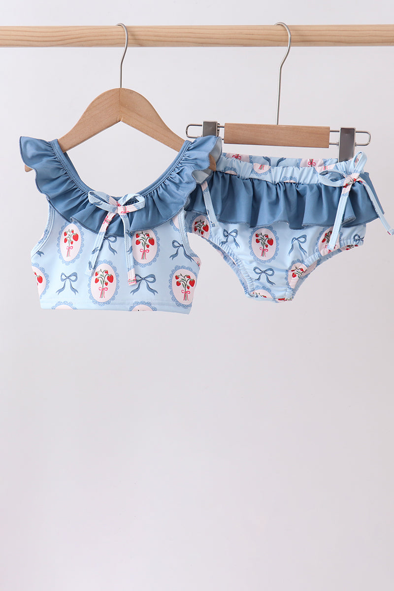 Blue strawberry bow ruffle 2pc swimsuit - ARIA KIDS