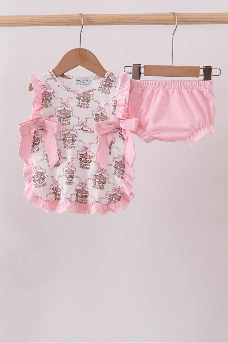 Pink carousel print ruffle bloomer set - ARIA KIDS