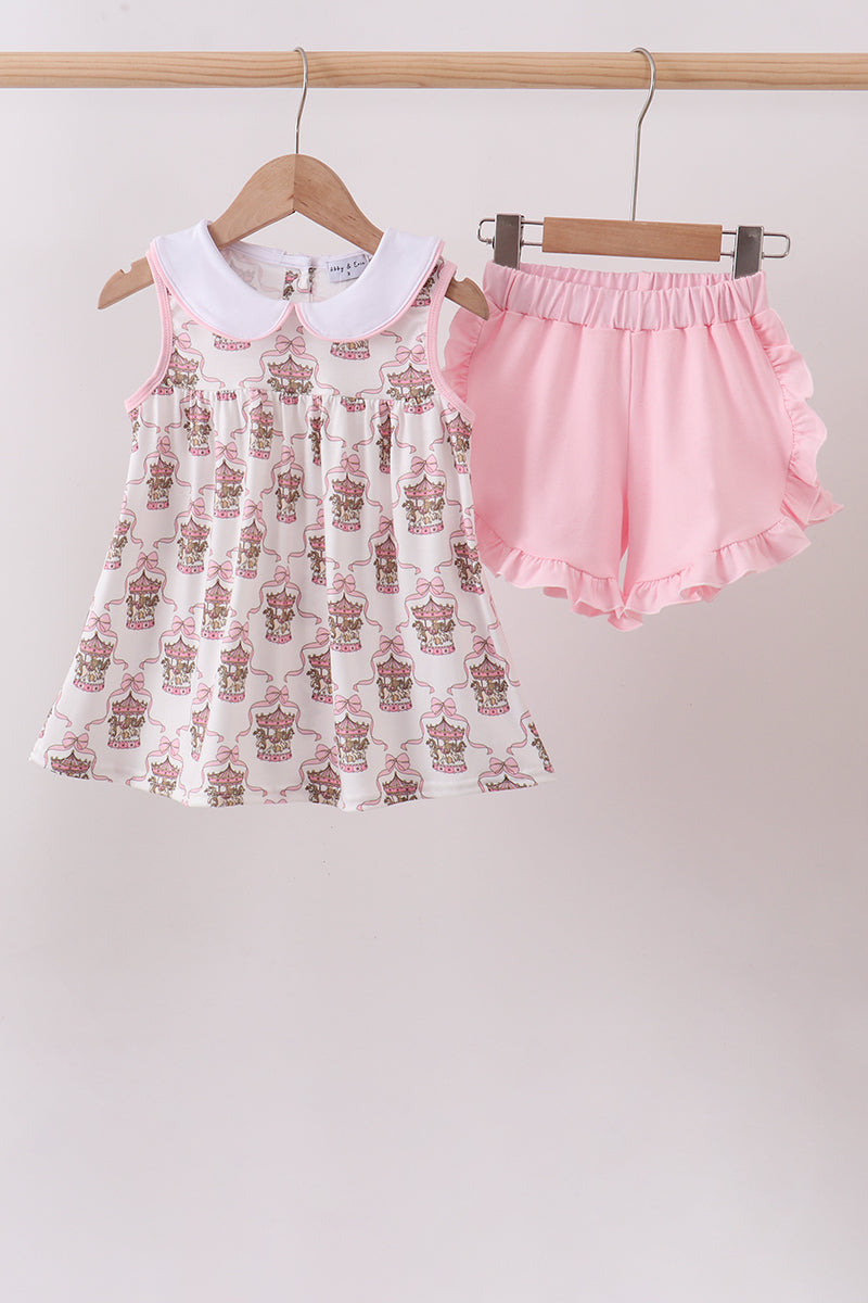 Pink carousel print ruffle shorts set - ARIA KIDS