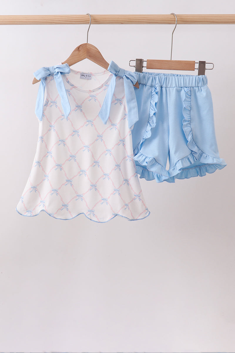Blue bow ribbon print ruffle shorts set - ARIA KIDS