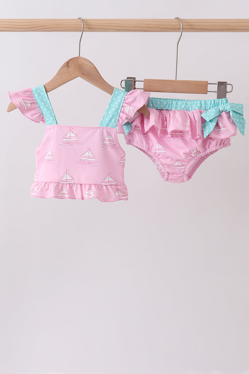 Pink sailboat print ruffle 2pc swimsuit - ARIA KIDS