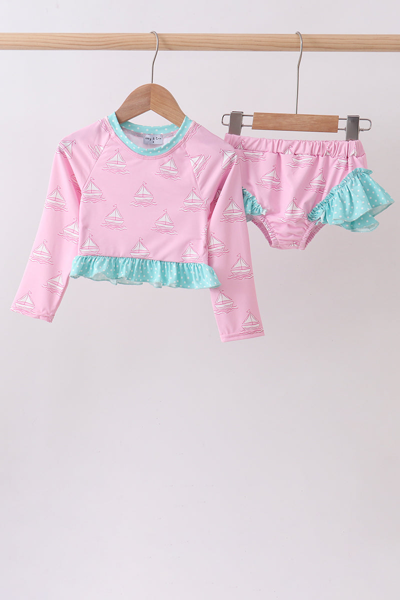 Pink sailboat print ruffle rashguard set - ARIA KIDS