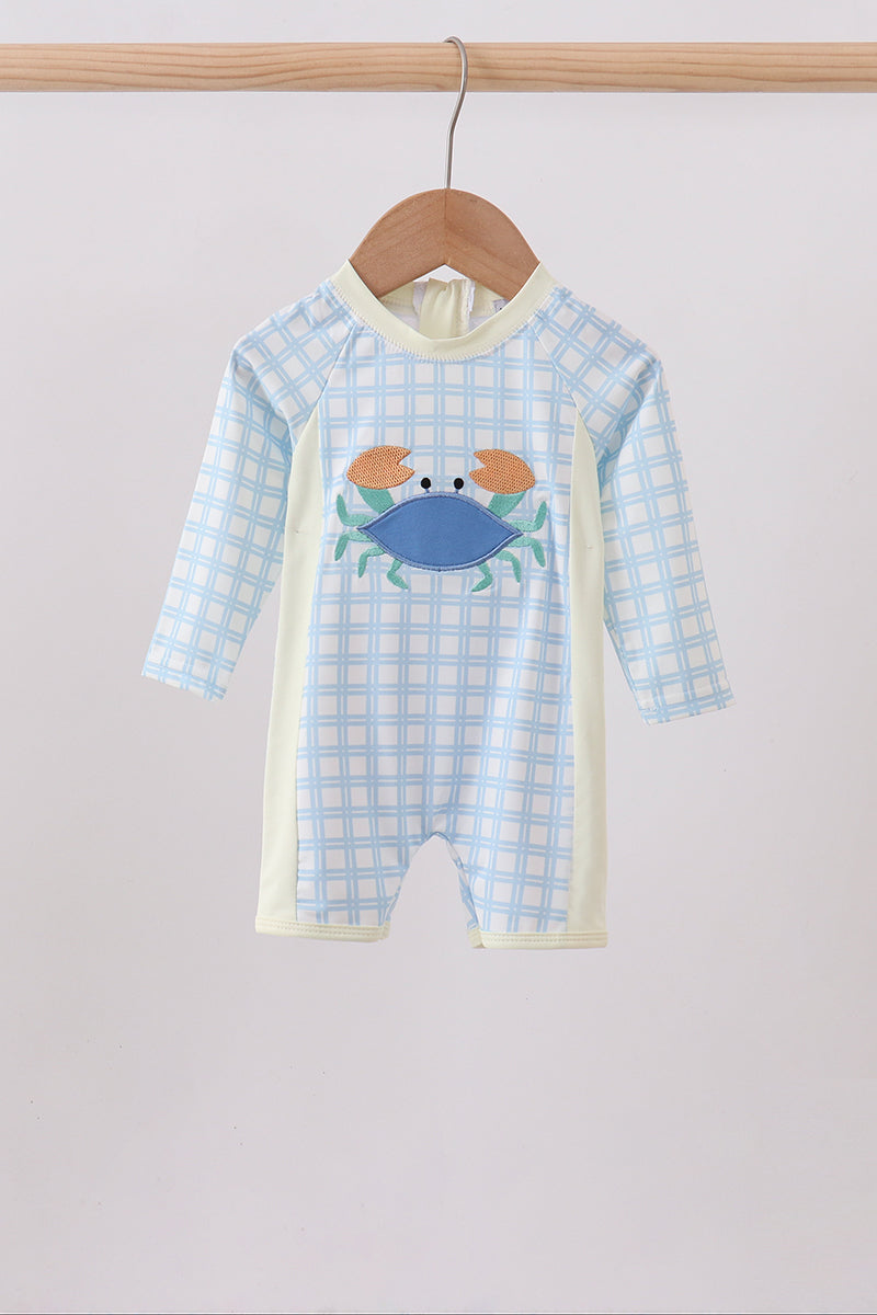 Blue crab applique plaid one-piece swimsuit - ARIA KIDS