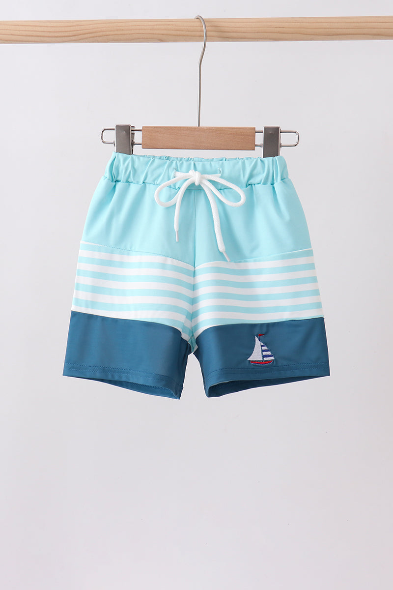 Blue stripe sailboat embroidery swim trunks - ARIA KIDS